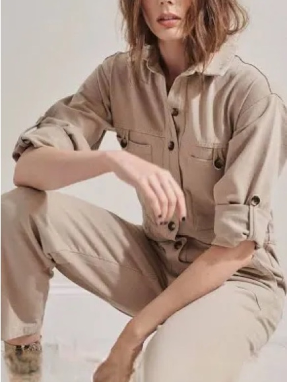 Mod Ref Beige Khaki Utility Jumpsuit - Button Front